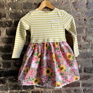 Mini Boden Yellow Striped Pink Girls Cotton Floral Bunny Dress Sz 6-7 Lined Lace